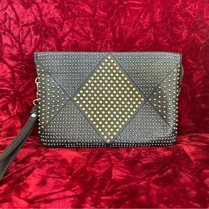 Vince Camuto Black Gold Silver Stud Leather Crossbody Wristlet Clutch